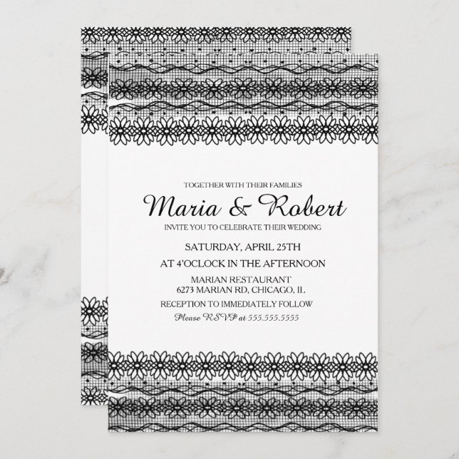 Gothic Black Floral Lace Wedding Invitations (Front/Back)