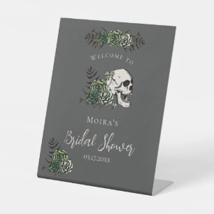 Gothic Black Floral Skull Bridal Shower Tabletop Pedestal Sign