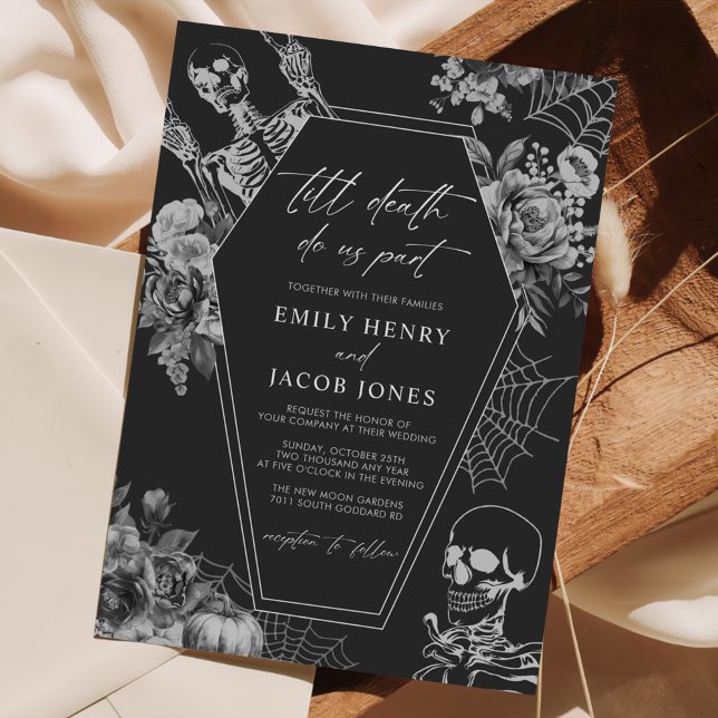 Gothic Black Floral Skull Halloween Wedding Invitation (Creator Uploaded)