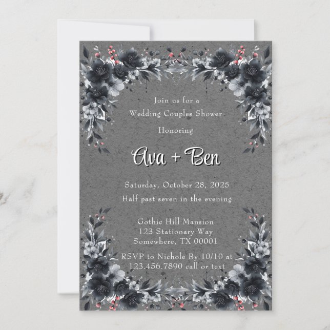 Gothic Black Floral Wedding Couples Shower Invitation (Front)