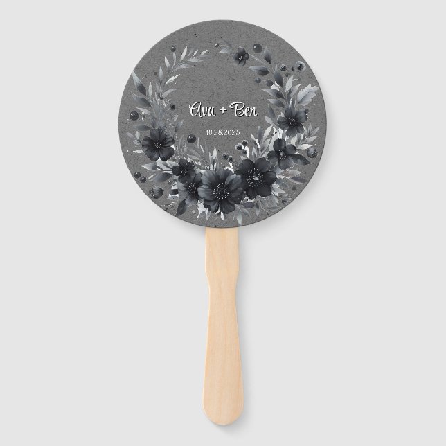 Gothic Black Floral Wedding Thank You Hand Fan (Front)