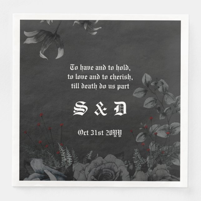 Gothic Black Floral White Lettering Wedding Napkin (Front)