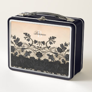 Gothic Black Flower Lace Metal Lunch Box
