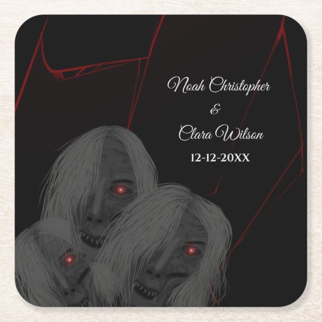 Gothic Black Ghosts - Dark Moody Halloween Square Paper Coaster (Front)