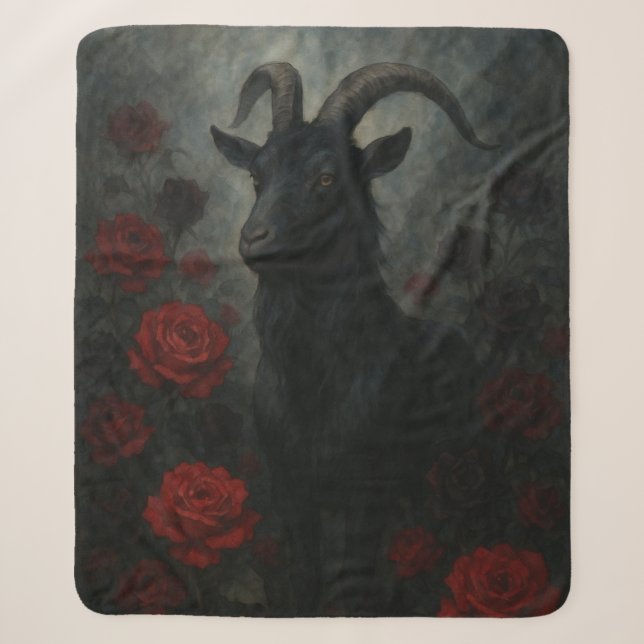 Gothic Black Goat with Red Roses Dark Art Sherpa Blanket (Front)