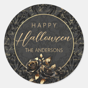Gothic black gold rose damask elegant Halloween Classic Round Sticker