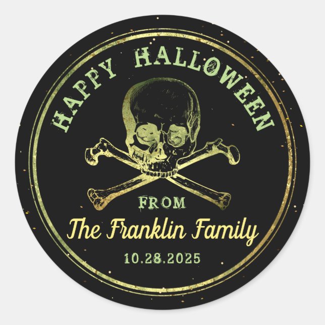 Gothic Black & Gold Skull Happy Halloween Classic Round Sticker (Front)