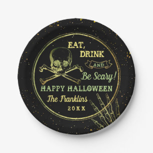 Gothic Black & Gold Skull Happy Halloween Paper Plate