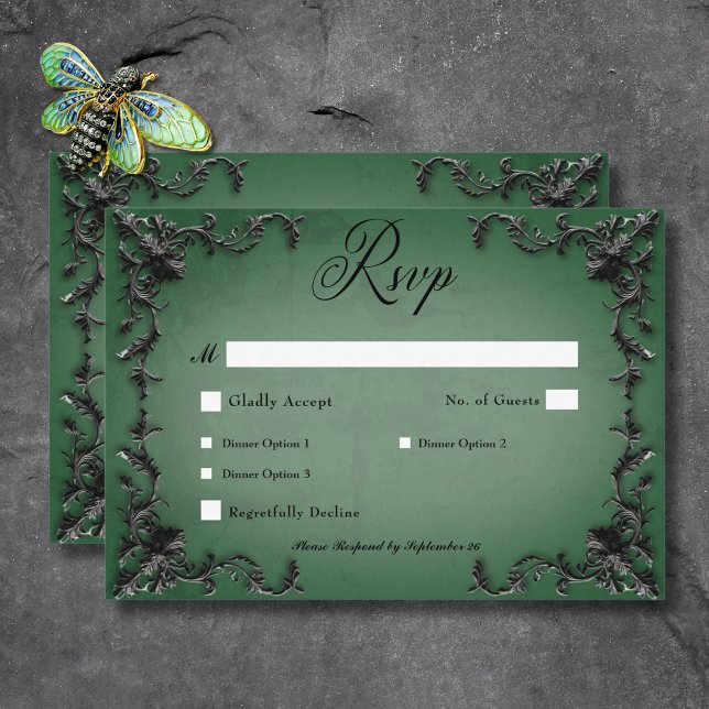 Gothic Black & Green Filigree Heart Dinner RSVP Card (Gothic Black & Green Filigree Heart Dinner RSVP Card)