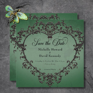 Gothic Black & Green Filigree Heart Wedding Save The Date