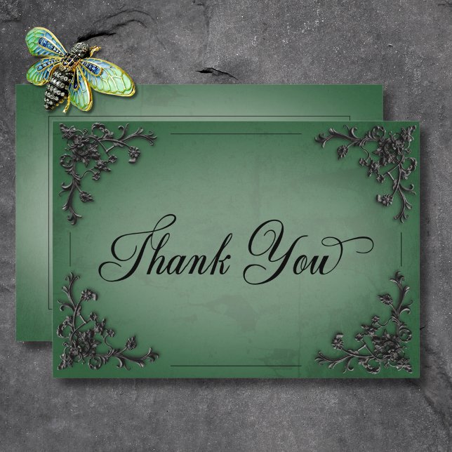 Gothic Black & Green Filigree Heart Wedding Thank You Card (Gothic Black & Green Filigree Heart Wedding Thank You Card)
