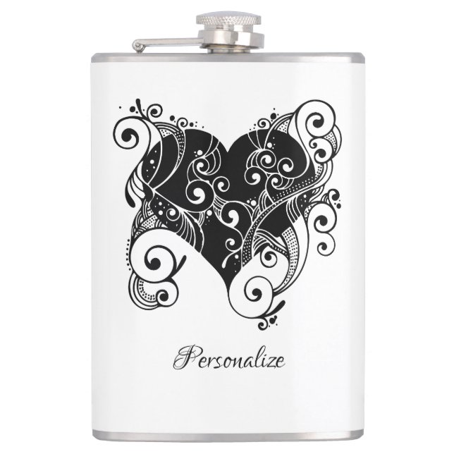 Gothic Black Heart Tattoo Art Design Personalized Hip Flask (Front)