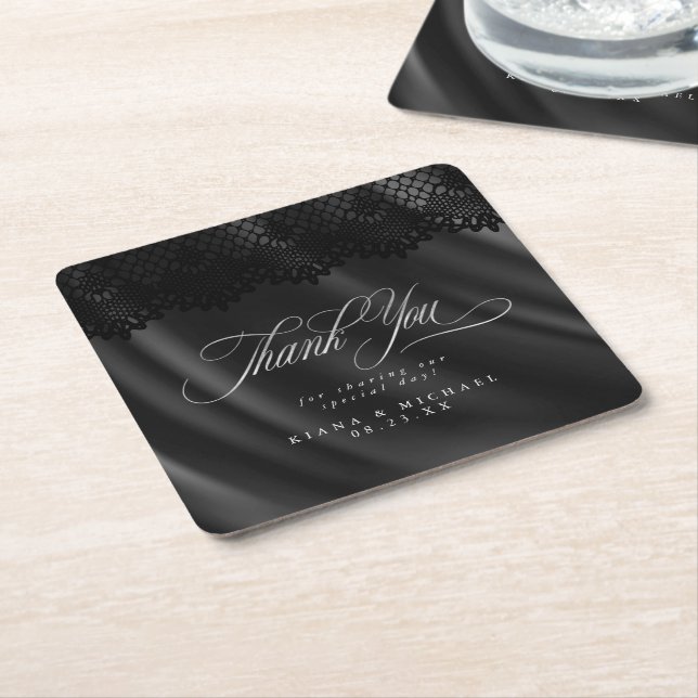 Gothic Black Lace & Satin Wedding ID866 Square Paper Coaster (Angled)