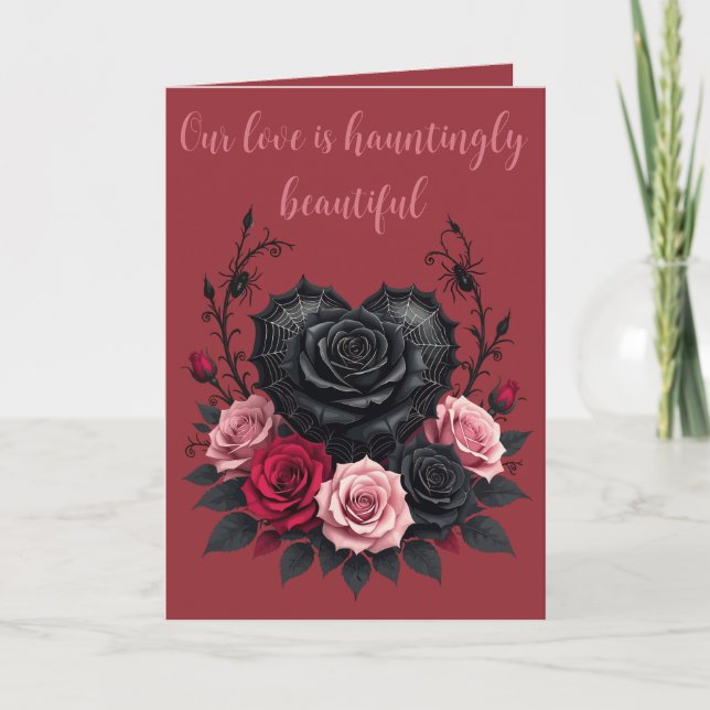 Gothic Black Petals and Spider Web Dark Valentine Card (Front)