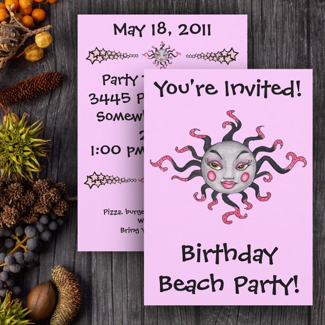 Gothic Black Pink Sun Goddess Invitations (Fantasy Black and pink sun with pretty face on pink party invitation.)