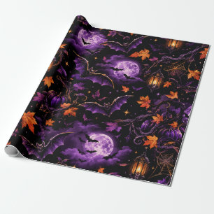 Gothic Black Purple Bat Autumn Halloween Pattern Wrapping Paper