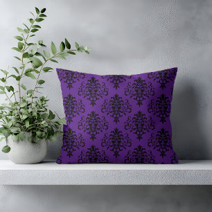 Gothic Black Purple Damask Pattern Throw Pillow