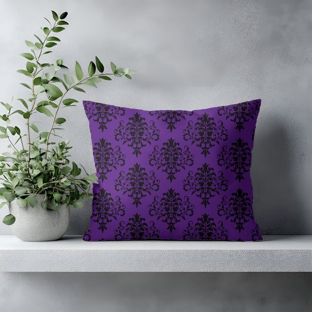 Gothic Black Purple Damask Pattern Throw Pillow (Creator Uploaded)