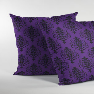 Gothic Black Purple Damask Pattern Throw Pillow