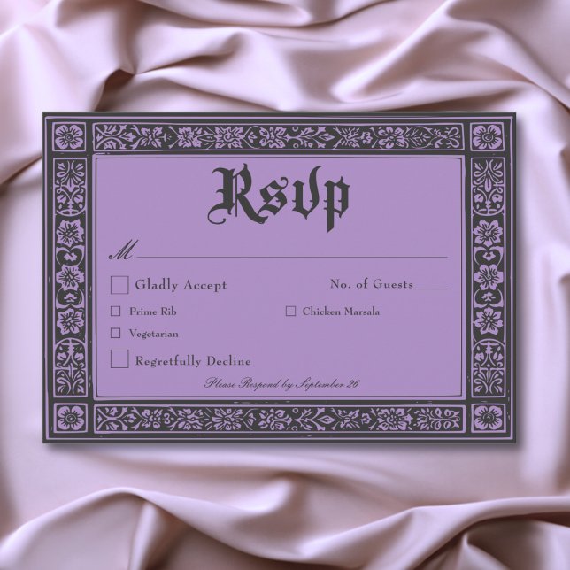 Gothic Black Purple Medieval Until Death Wedding RSVP Card (Gothic Black Purple Medieval Until Death Wedding RSVP Card)