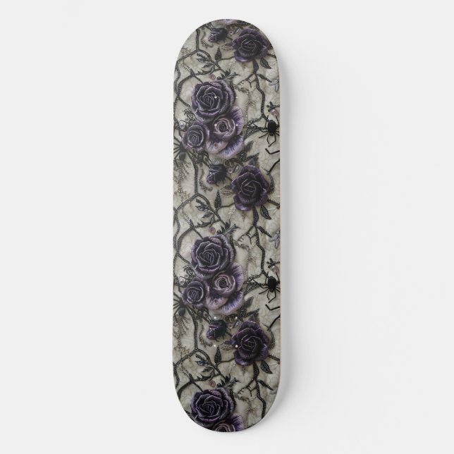 Gothic Black Purple Roses and Spiders Skateboard (Front)