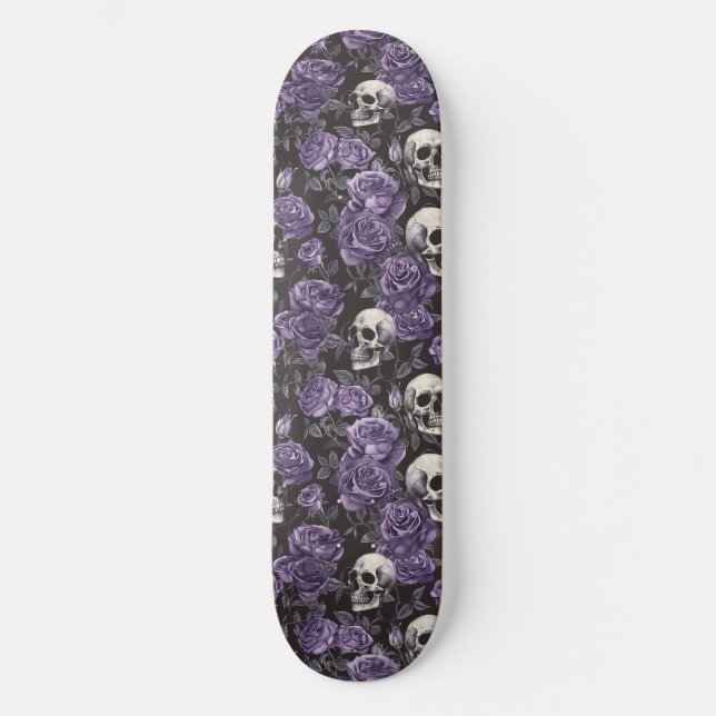 Gothic Black Purple Skulls and Roses Skateboard (Front)