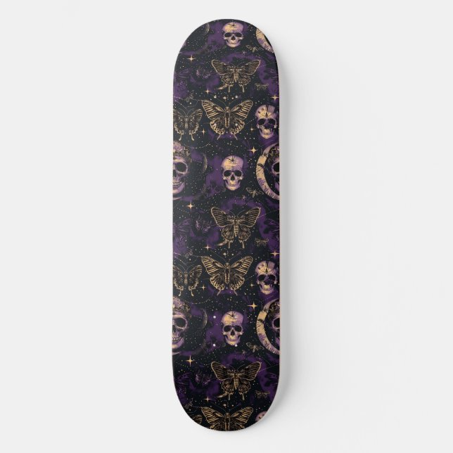 Gothic Black Purple Skulls Moths Moon Skateboard (Front)
