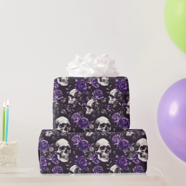 Gothic Black Purple Skulls Roses Wrapping Paper (Party Gifts)