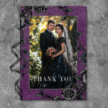 Gothic Black Raven Black Rose Purple Photo Wedding Thank You Card<br><div class="desc">Transport your guests to a world of dark, enchanting elegance with our vintage gothic wedding photo thank you card. The deep, aged royal purple background sets the stage for a striking contrast for the white text. Your photo takes centre stage, surrounded by intertwining vines of black roses, which captures the...</div>
