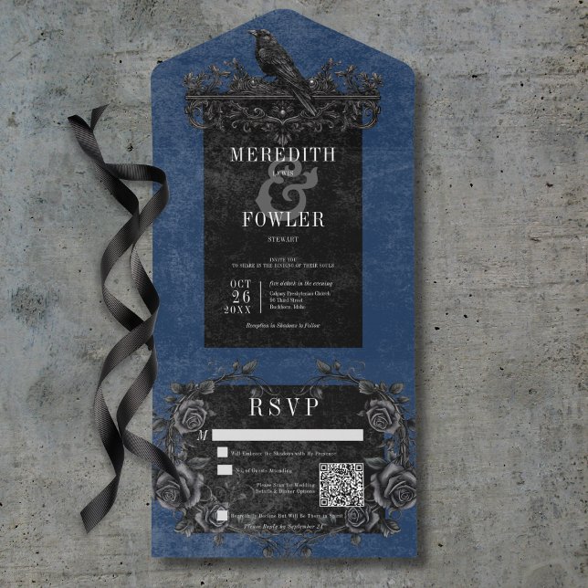 Gothic Black Raven & Black Roses Blue QR Code All In One Invitation (Gothic Black Raven & Black Roses Blue QR Code All In One Invitation)