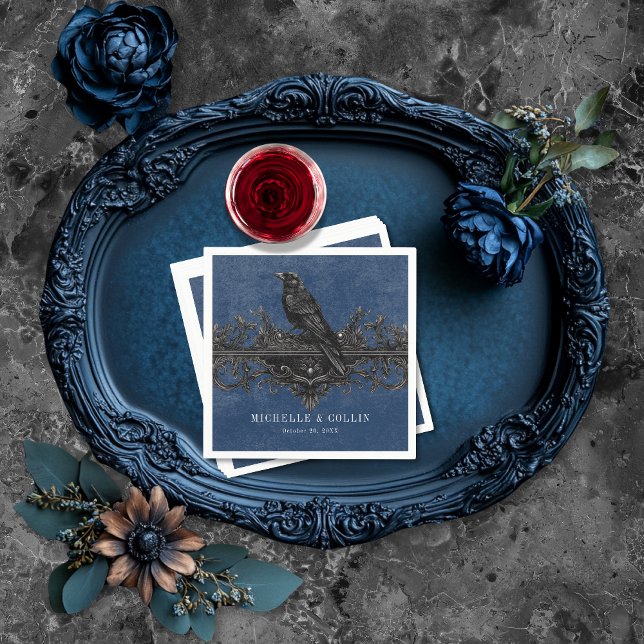 Gothic Black Raven & Black Roses Blue Wedding Napkin (Creator Uploaded)