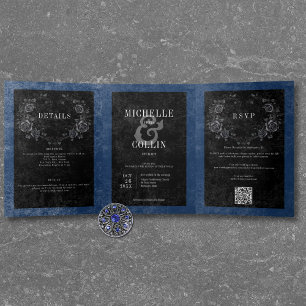 Gothic Black Raven & Black Roses Blue Wedding Tri-Fold Invitation