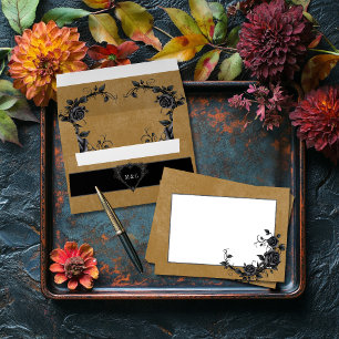 Gothic Black Raven & Black Roses Gold Wedding Envelope