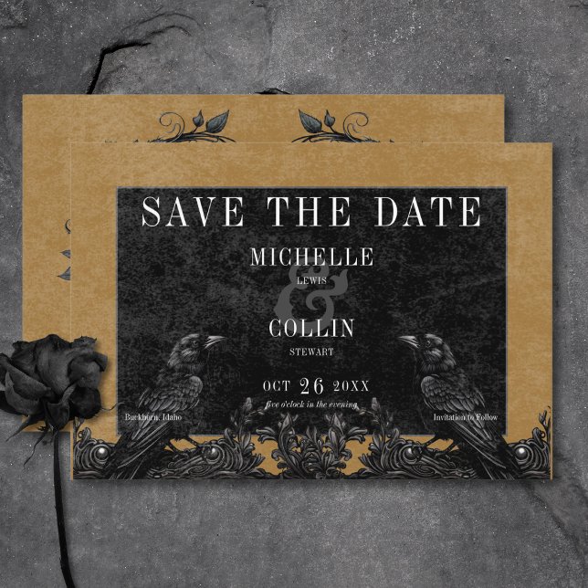 Gothic Black Raven & Black Roses Gold Wedding Save The Date (Gothic Black Raven & Black Roses Gold Wedding Save The Date Card)
