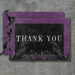 Gothic Black Raven & Black Roses Purple Details Thank You Card<br><div class="desc">Transport your guests to a world of dark, enchanting elegance with our vintage gothic wedding thank you card. The deep, aged purple background sets the stage for a striking contrast, as bold white text emerges from intricate black text boxes. At the pinnacle of this invitation, a three-dimensional gothic border adorned...</div>