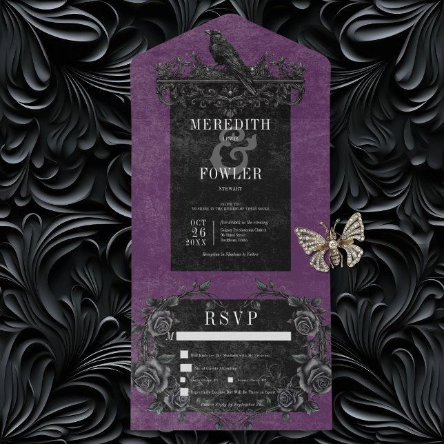 Gothic Black Raven & Black Roses Purple Dinner All In One Invitation (Gothic Black Raven & Black Roses All In One Wedding Invitation with Dinner Options)
