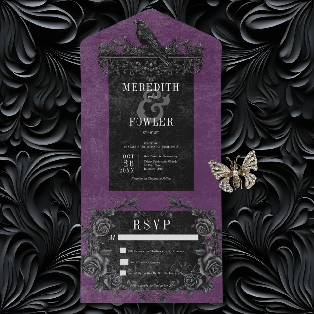 Gothic Black Raven & Black Roses Purple No Dinner All In One Invitation (Gothic Black Rave & Black Roses Purple All In One Wedding Invitation without Dinner Options)