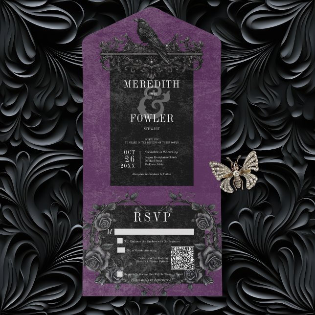 Gothic Black Raven & Black Roses Purple QR Code All In One Invitation (Gothic Black Raven & Black Roses All In One Wedding Invitation with QR Code)