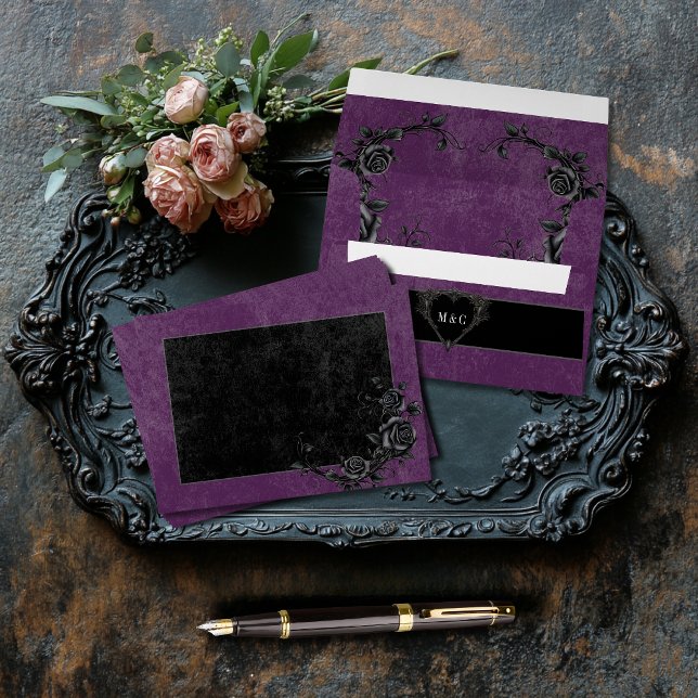 Gothic Black Raven & Black Roses Purple Wedding Envelope (Creator Uploaded)
