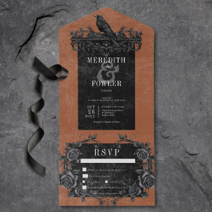 Gothic Black Raven & Black Roses Rust Dinner All In One Invitation