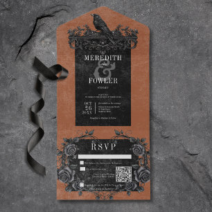Gothic Black Raven & Black Roses Rust QR Code All In One Invitation