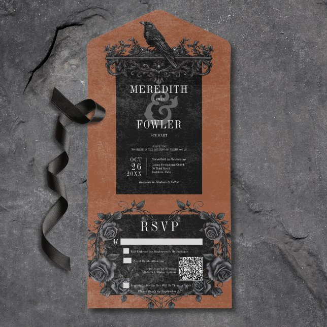 Gothic Black Raven & Black Roses Rust QR Code All In One Invitation (Gothic Black Raven & Back Roses Rust All In One Wedding Invitation with QR Code)