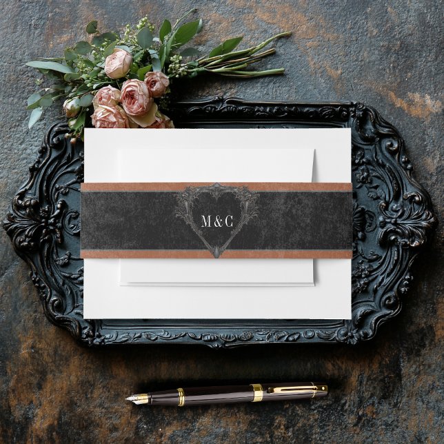 Gothic Black Raven & Black Roses Rust Wedding Invitation Belly Band (Creator Uploaded)