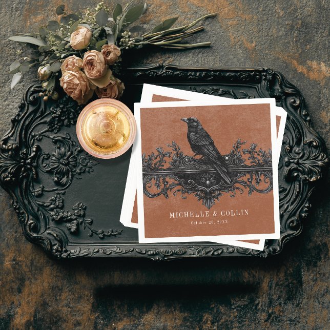 Gothic Black Raven & Black Roses Rust Wedding Napkin (Creator Uploaded)