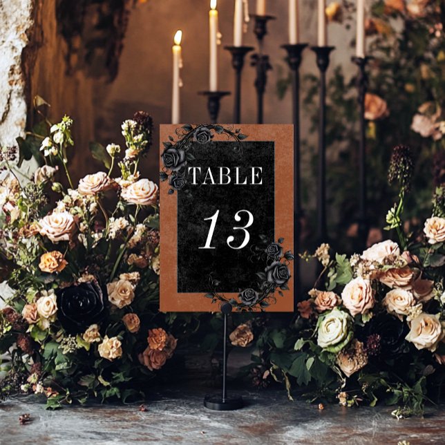 Gothic Black Raven & Black Roses Rust Wedding Table Number (Creator Uploaded)