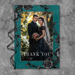 Gothic Black Raven Black Roses Teal Photo Wedding Thank You Card<br><div class="desc">Transport your guests to a world of dark, enchanting elegance with our vintage gothic wedding photo thank you card. The deep, aged teal green background sets the stage for a striking contrast for the white text. Your photo takes centre stage, surrounded by intertwining vines of black roses, which captures the...</div>