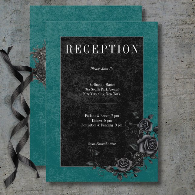 Gothic Black Raven & Black Roses Teal Reception Enclosure Card (Gothic Black Raven & Black Roses Teal Reception Enclosure Card)