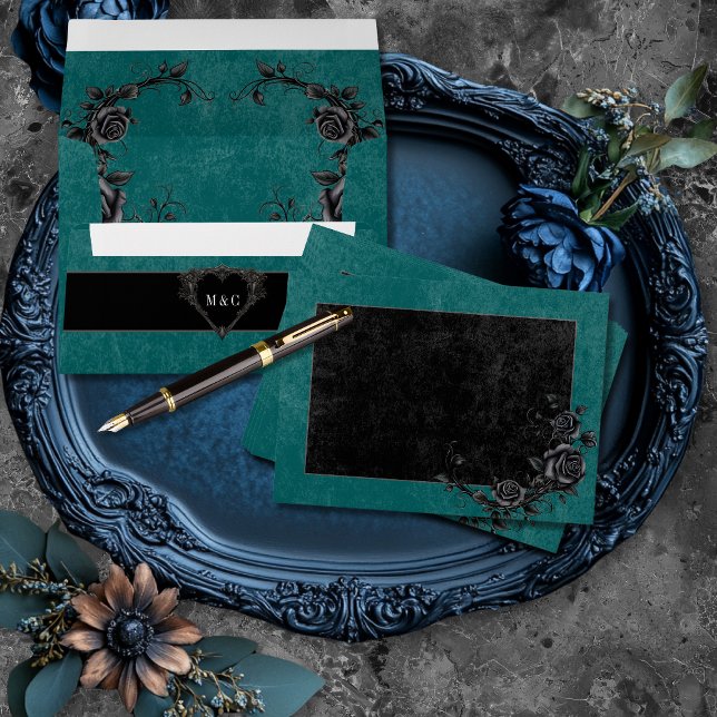 Gothic Black Raven & Black Roses Teal Wedding Envelope (Creator Uploaded)