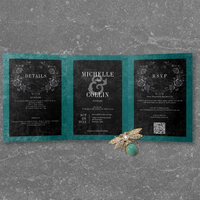 Gothic Black Raven & Black Roses Teal Wedding Tri-Fold Invitation (Gothic Black Raven & Black Roses Teal Wedding Tri-Fold Invitation)