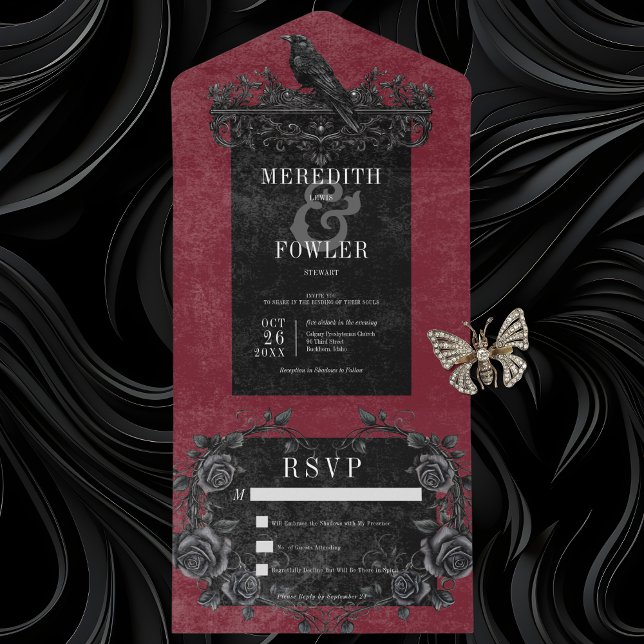 Gothic Black Raven & Black Roses Wine No Dinner All In One Invitation (Gothic Black Raven & Black Roses All In One Wedding Invitation without Dinner Options)